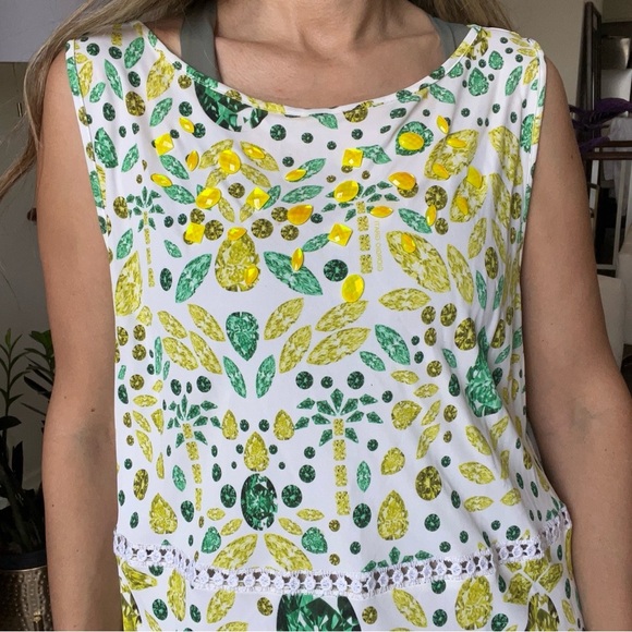 Giorgio Grati Vtg White Green Leaves Pattern Bedazzled Sleeveless Viscose Top XL - Picture 4 of 14